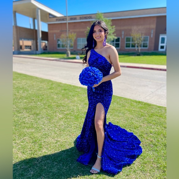 00 Sherri Hill Royal Blue one shoulder Prom Dress - Picture 2 of 5